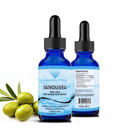 Absonutrix VanOlivea 390 mg 4 FL OZ Liquid 302 Servings Made in USA Plant-Based Ingredients Olive Leaf Extract Vanilla Extract Liquid Olive Fruit Gluten-Free Non-GMO GMP Certified