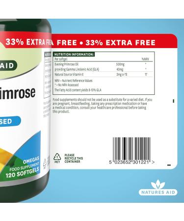Natures Aid Evening Primrose Oil 500mg Softgels - Cold Pressed Omega-6 GLA - 120ct - UK Made - Buy Online on GoSupps.com