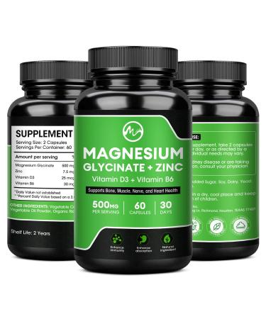 Magnesium Glycinate Capsules Magnesium Supplement with Magnesium Glycinate 500mg Zinc Vitamin D3 & B6 - Promotes Nerve Bowel Relaxation Function - 60 Vegan Capsules for Women & Men
