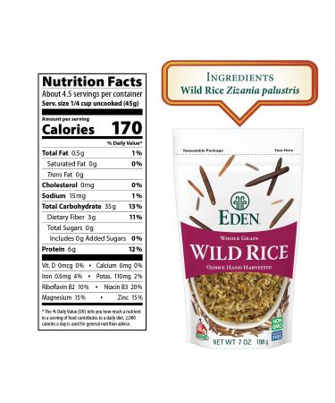 Eden Wild Rice 7 oz Bag - Hand Harvested, Wood Fire Parched, 100% Whole Grain - Buy Online on GoSupps.com