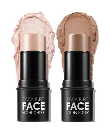 2 PCs Contouring Stick Cream Bronzer and Highlighter Stick creamy texture Long-lasting contours illuminate the face make-up contouring pen for face and neck (light medium-0610)