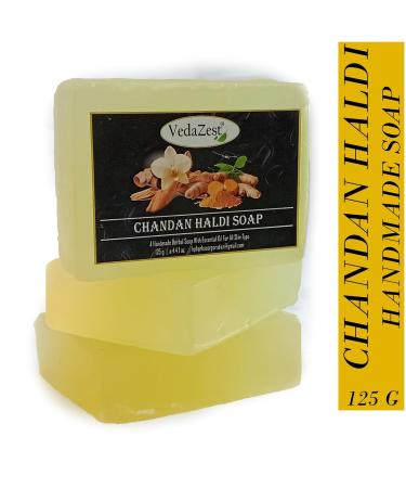 Chandan Haldi Handmade Soap Bar - 125g Sandalwood Turmeric Herbal Bathing Bar Set of 3 | Natural Essential Oils for Healthy Skin | All Skin Types - Buy Online on GoSupps.com