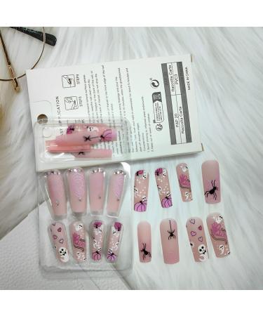 Halloween Press On Nails - Long Coffin Designs Ghost Pumpkin & Spider Web 24 Pcs - Cute Full Cover Fake Nails with Glue for Women & Girls - Buy Online on GoSupps.com