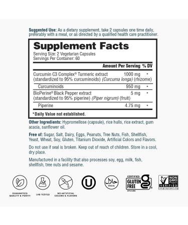 Nature's Lab Turmeric Curcumin C3 Complex 1000mg - Turmeric Extract 1000mg & BioPerine 5mg Standardized to 95%, Promotes Cardiovascular, Immune, Joint, Skin Health - 120 Capsules (60 Day Supply) - Buy Online on GoSupps.com