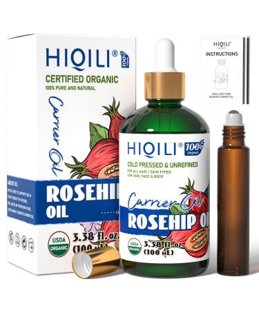 HIQILI 3.38 Fl Oz Organic Rosehip Seed Oil for Face 100% Pure and Natural Cold Pressed Carrier Oil for Skin Hair & Nails - Women & Men