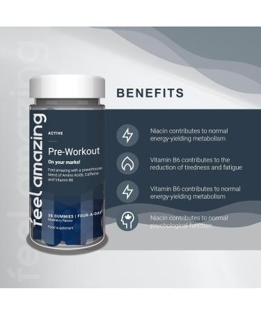 Feel Amazing Pre-Workout Gummies with Caffeine Niacin & B6 Enhanced with Amino Acids Supports Energy & Reduces Fatigue 36 Count (9+ Workout Supply) (1) - Buy Online on GoSupps.com