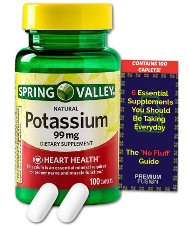 Potassium Supplement 99 mg Caplets - 3+ Month Supply (100 Caplets) - Heart Nerve & Muscle Function from Spring Valley + Vitamin Pouch and Guide to Supplements