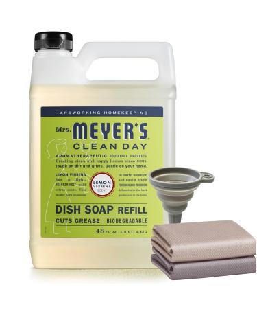 Mrs Meyers Liquid Dish Soap Refill - Lemon Verbena - 48 FL OZ. Includes (1x) Silicone Foldable Funnel (2x) Magic Cleaning Cloths - 4 Piece Set