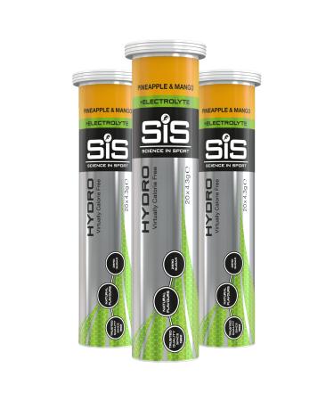 Science In Sport Hydro Hydration Tablets Gluten-Free Zero Sugar Pineapple and Mango Flavour Plus Electrolytes 60 Effervescent Tablets (20 x 3 Bottles)