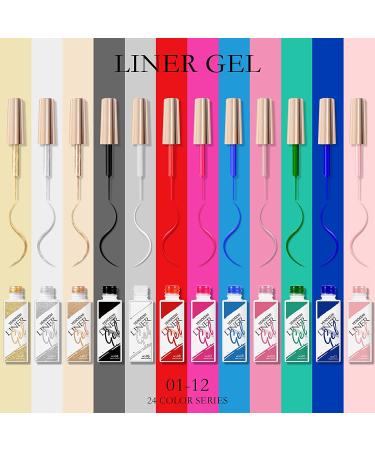 Rechoo 24 Pcs Rainbow Gel Polish Set - Neon & Glitter Colors with Thin Nail Brush for Swirl Line Art - Buy Online on GoSupps.com