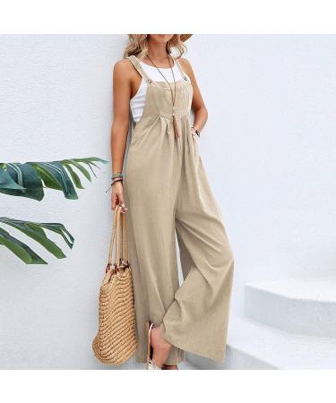 1983 Women's Summer Casual Loose Jumpsuit Wide Leg Pants, Khaki Medium - Buy Online on GoSupps.com