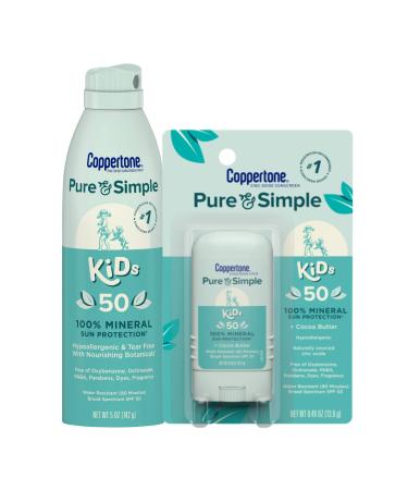 Coppertone Pure & Simple Kids Sunscreen SPF 50 Multi Pack, Kids Zinc Oxide Mineral Sunscreen Spray & Kids Sunscreen Stick, Sunscreen for Face, (5 oz +.49 oz)