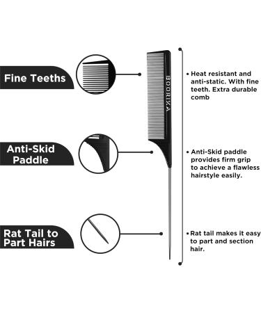 Tail Comb Rat Tail Hair Comb 100% Anti-static Heat resistant Lightweight Durable with anti-skid paddle and Stainless-Steel Pintail for All Hair Types (Pack of 1) - Buy Online on GoSupps.com