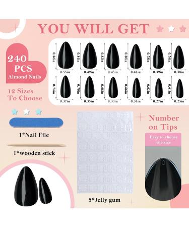 240Pcs Almond Press On Nails - Short Black Glossy Full Cover Fake Nails for Women & Girls | Artificial Acrylic Fingernails Design - Buy Online on GoSupps.com