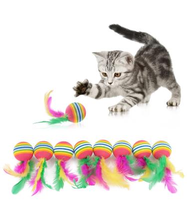 Molain Cat Toys Balls with Feather 8 Pieces Rainbow Cat Balls Toy Interactive Kitten Toy Colorful Balls for Indoor Ourdoor Kitty Kitten Chewing Training Hunting Multi-colored