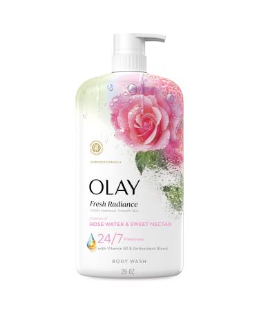 Olay Body Wash for Women Fresh Radiance 24/7 Skin-Loving Freshness Visibly Radiant Plant Based Cleansers Vitamin B3 & Antioxidant Blend All Skin Types Rose Water & Sweet Nectar Scent 29 fl oz