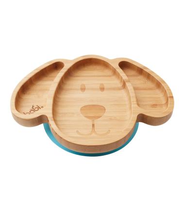BABI Baby Toddler Large Dog Plate Natural Bamboo with Stay Put Silicone Suction Ring (Blue)