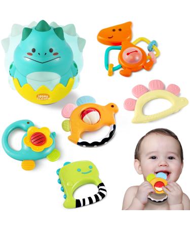 iPlay, iLearn Dinosaur Teething Rattle Baby Toys 3-6 Months, Babies Tumbler Roly Poly Ball Rattles, Infant Teether Sensory Toy, Newborn Christmas Birthday Gift for 4 9 12 Month Old Toddlers Boys Girls