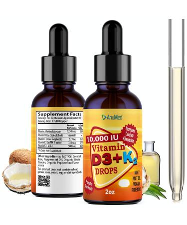 ANUMED Vitamin D3 + K2 10 000 IU Liquid Drops + Organic MCT Oil Vitamin A (Retinol) 1250mcg K2 (MK4 MK7) Promotes Heart Bones Immune System. 100% Vegan Non-GMO Gluten-Free No Sugar Added (2oz)