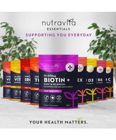 Nutravita Biotin Hair Growth Supplement 10,000mcg - 180 High Strength Vegan Tablets with Zinc & Selenium - Promotes Healthy Hair, Skin & Nails - Biotin Vitamins for Women & Men - Buy Online on GoSupps.com