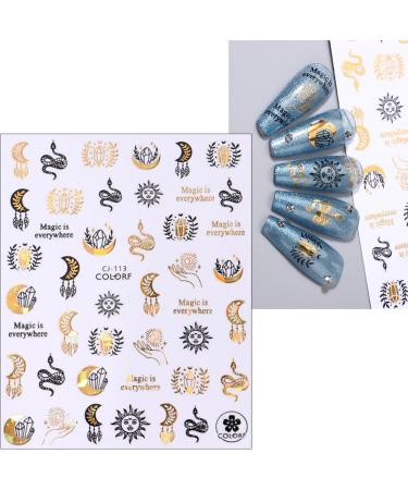 JMEOWIO 8 Sheets Moon Star Sun Nail Art Stickers Decals Self-Adhesive Black Gold Nail Supplies Nail Art Design Decoration Accessories - Buy Online on GoSupps.com