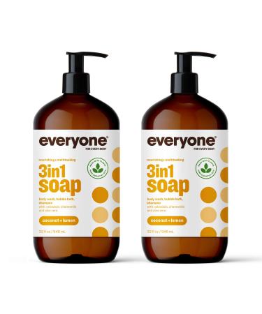 Everyone 3-in-1 Soap, Body Wash, Bubble Bath, Shampoo, 32 Ounce (Pack of 2), Coconut and Lemon, Coconut Cleanser with Organic Plant Extracts and Pure Essential Oils 32 Fl Oz (Pack of 2)