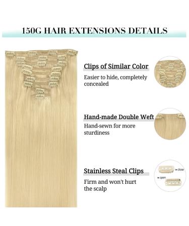 Doores Extensions: Real Hair Clip-In Extensions - Bleach Blonde 60cm (24 inch) - 9 Pieces 150g Remy Human Hair for Thick Volume #613r - Buy Online on GoSupps.com
