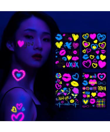 Glow in the Dark Heart Temporary Tattoos for Women - Neon Stickers for Bride, Wedding, Valentine - 4 Sheets - Buy Online on GoSupps.com