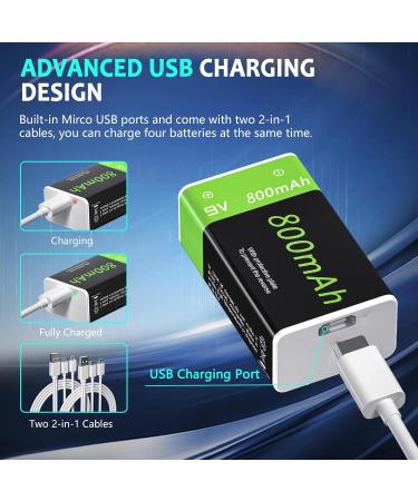 LP 9V USB Rechargeable Batteries - 4 Pack 800mAh High Capacity for Alarms Microphones Smoke Detectors & More | Eco-Friendly Li-ion 9V with Micro Charging Cable - Buy Online on GoSupps.com