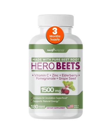 Gade Nutrition Hero Beets - Beet Root Capsules 1500mg - Organic Beet Root Powder + Vitamin C Zinc Elderberry Pomegranate Grape Seed Extract - 3 Months Supply 90 Count (Pack of 1)