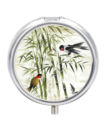 Pill Box Pill Case 3 Compartment Travel Pill Box Fish Bird and Bamboo Leaves Painting Printing Small Pill Box Portable Medicine Pill Case Pill Organizer for Purse & Pocket for Travel Handbag (Round)