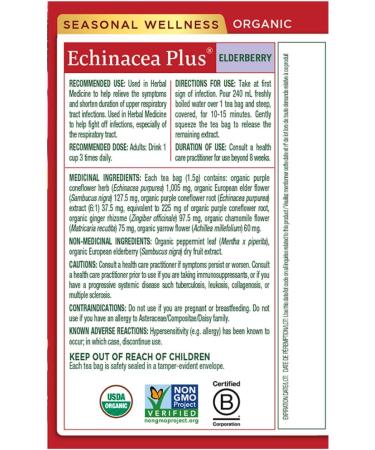 Traditional Medicinals - Organic Echinacea Plus Elderberry Herbal Tea (Pack of 6) - Help Fight off Respiratory Tract Infections - 96 Tea Bags Total Echinacea Plus Elderberry 16 count (Pack of 6) - Buy Online on GoSupps.com
