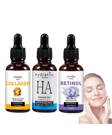 Face Serum Set 3x30ml - Retinol Serum for Face - Hyaluronic Acid Serum - Collagen Serum for Face - Brightening Serum - Hydrating Serum - Dark Spot Remover for Face - Anti-Aging and Wrinkle