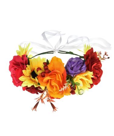 Floral Fall Day of the Dead Headpiece Black Rose Flower Crown Sunflower Wedding Hair wreath FL-28 (Colorful)