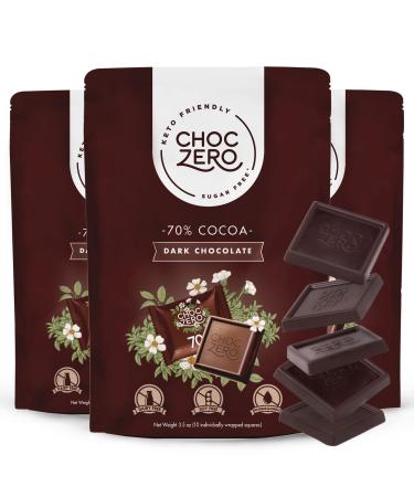70% Cocoa Special Vegan Dark Chocolate - Keto Friendly ChocZero Squares - Sugar-Free (3 bags, 30 snack pieces) 70% Dark Chocolate - 3 Pack