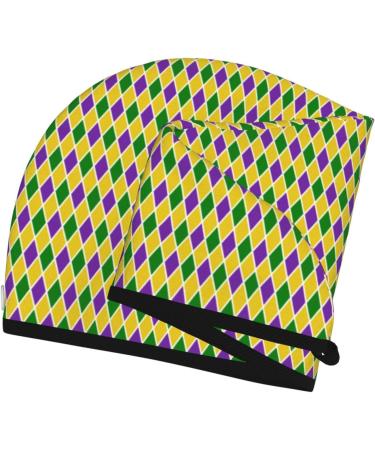 Hair Towel Wrap - Quick Drying Towel Turban with Button in Mardi Gras Purple Yellow Plaid - Perfect for Easy Hair Drying - Buy Online on GoSupps.com