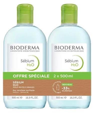 Bioderma S bium H2O Eau Micellaire Nettoyante Purifiante Lot de 2 x 500 ml