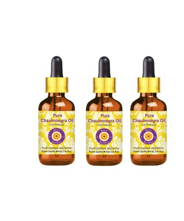 Dev Herbes Pure CHAULMOOGRA OE OL (Hydnocarpus Wightiana) with glass dripper natural therapeutic quality cold -pressed (Pack of Three) 100ml x 3 (10 oz) 100 ml (3 Pack)