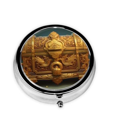 Golden Treasure Chest Portable Metal Pill Box Round Mini 3-Compartment Plastic Insert hinged Fastening Design Suitable for Small Pills Must-Have for Travel Black