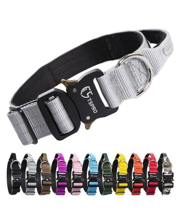 Tspro premium dog collar with handle thick adjustable dog collar heavy design of quick lock metal buckle dog collar for small or medium-sized to extra large dogs (silver-m) handle version size M- (adjustable37-46cm) silver