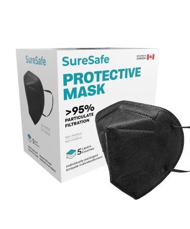 SURESAFE 20 Pack Black Mask - 5 Ply Face Mask Masks Disposable for Adult With Adjustable Ear Loops & Nose Bridge Dust Mask