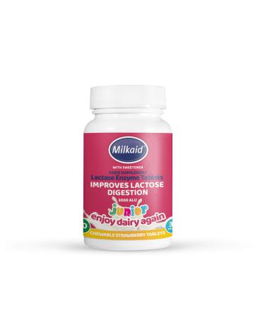 Milkaid Junior Lactase Enzyme Chewable Tablets For Lactose Intolerance Relief | Prevents Gas, Bloating, Diarrhea In Children| Fast Acting Dairy Digestive Supplement For Kids| Strawberry Flavor | 60 ct