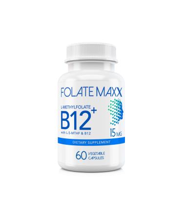 FolateMaxx L-Methylfolate + B12 Methylcobalamin Blend 15mg - 60 Capsules - Active Folic Acid & Methylated B12 - 5-MTHF & B12 Supplement for Men & Women - Non GMO Gluten Free No Fillers 15 Milligrams