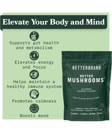 Betterbrand BetterMushrooms Mushroom Gummies for Gut Health, Metabolism, Energy & Focus - Lion's Mane, Cordyceps, Chaga & Maitake - Immune Support (1 Bottle) - Buy Online on GoSupps.com