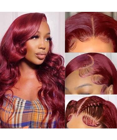 Sdamey 99j Burgundy Lace Front Wigs Human Hair 13X6 Body Wave Wigs HD Transparent Human Hair Wigs Pre Plucked Bleached Knots with Baby Hair 180% Density Brazilian Virgin Glueless Red Wigs for Black Women (26 Inch  13X6 9...