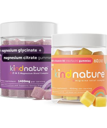 Kind Nature Vitamin B2 Riboflavin 400mg & 2-in-1 Magnesium Glycinate & Citrate Gummies for Adults & Kids - Vitamin B2 400mg & Magnesium Glycinate 400mg & Magnesium Citrate 1000mg Chewable Gummies