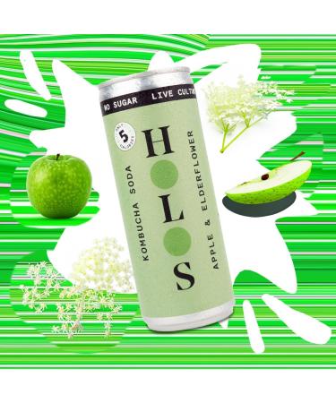HOLOS Kombucha Soda - Apple & Elderflower - 250ml x 12 cans - No Sugar Live Cultures Vegan Gluten Free - Buy Online on GoSupps.com