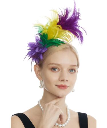 LyMet Women's 1920s Feather Fascinator Headband Tea Party Flower Headpiece Derby Hat for Cocktail Gatsby Wedding A - Purple Yellow Green M