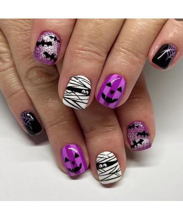 24Pcs Halloween Press on Nails Short Fake Nails Square Halloween Nails Bat Mummy Ghost Press ons Purple Glossy False Nails Spider Web Full Cover Artificial Glue on Nails for Women Cute Acrylic Nails Halloween Nails Design-23