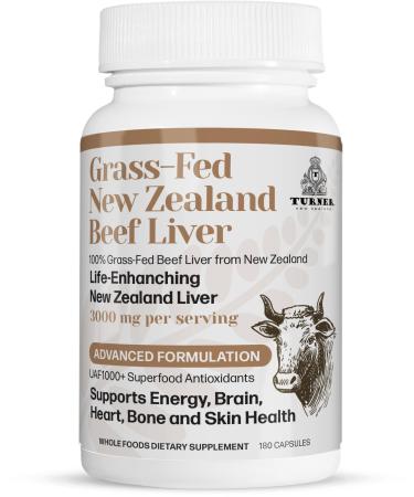 TURNER New Zealand 100% Live-Grass-Fed Beef Liver 180 Capsules Supports Energy Production Detoxification Digestion Immunity and Full Body Wellness Non-GMO 3000mg